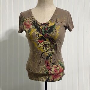 Mossimo Small Brown V-Neck Tattoo Graphic Tee Y2K Cyber Grunge Indie Sleaze